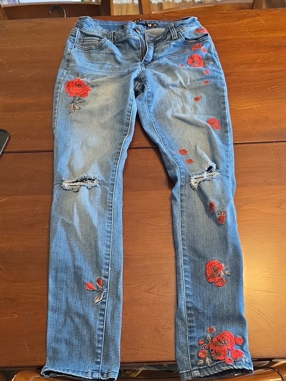 Tinseltown Blue Skinny Jeans with Red Rose Embroidery